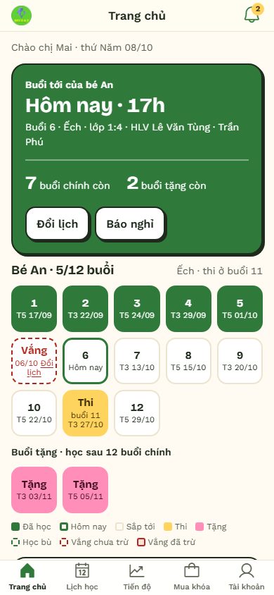 Portal người dùng: trang chủ, tiến độ từng bé